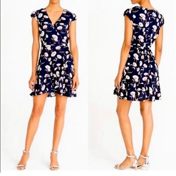 J. Crew Navy Blue Floral Wrap Dress with Mid Century Modern Print Size 8 - Picture 1 of 16